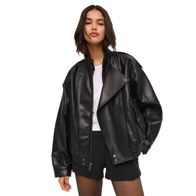 Damen Modische Kunstlederjacke im oversized Schnitt mit strukturierten Details Drune