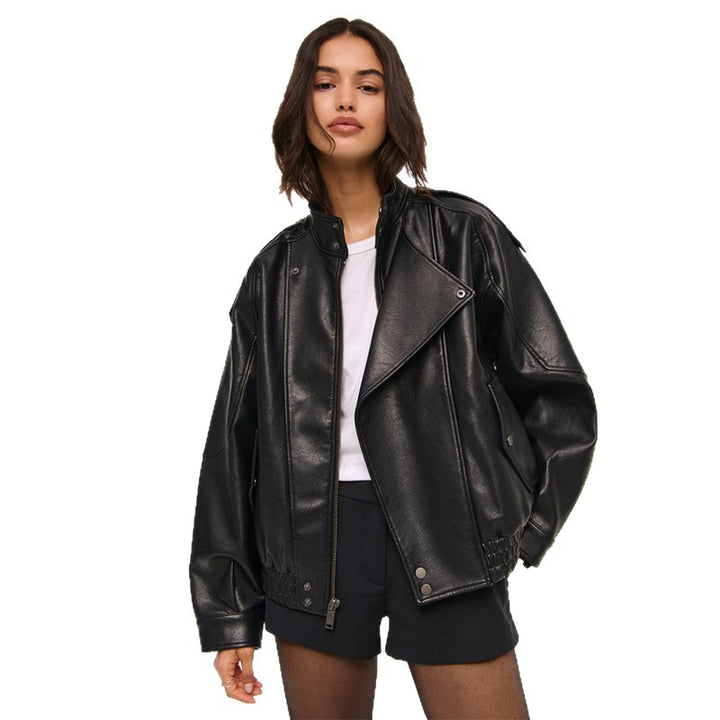 Damen Modische Kunstlederjacke im oversized Schnitt mit strukturierten Details Drune