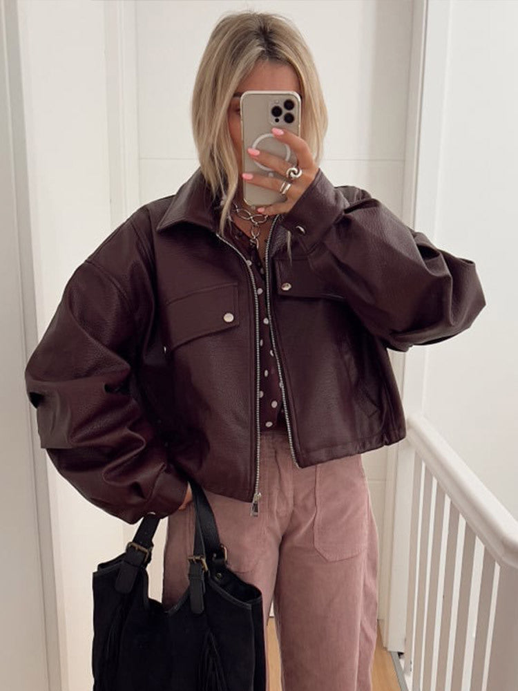 Damen lässige cropped Kunstlederjacke mit voluminösen Ärmeln Drune