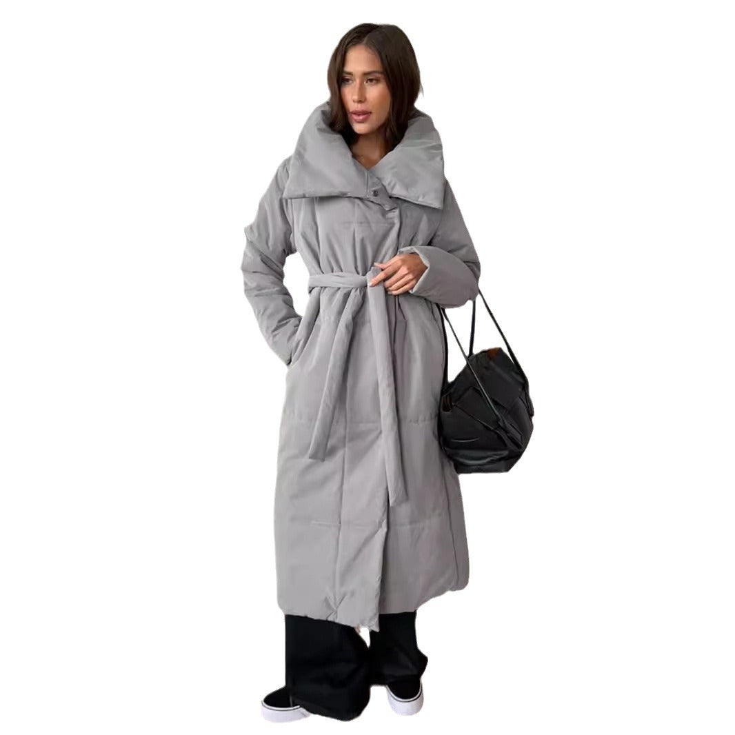 Damen elegante und warme Steppjacke mit breitem Kragen und Gürtel Drune