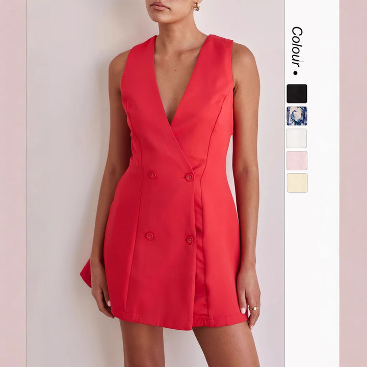 Damen Wendekleid mit tiefem V-Ausschnitt und doppelter Knopfleiste Drune