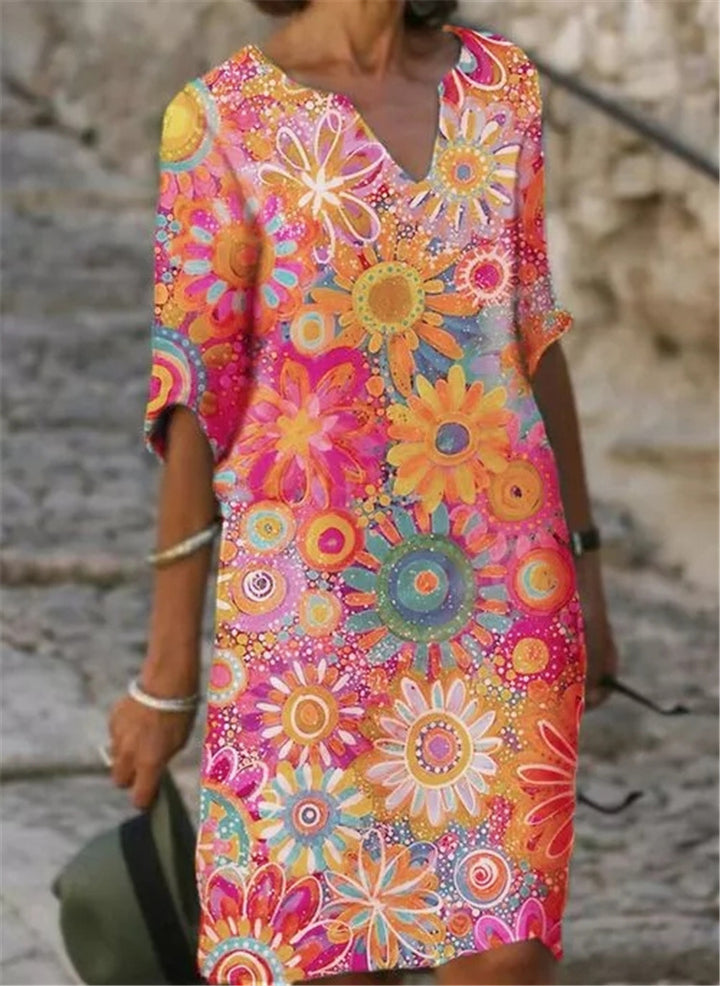 Damen lässiges Freizeitkleid mit floralen Mustern und V-Ausschnitt Drune