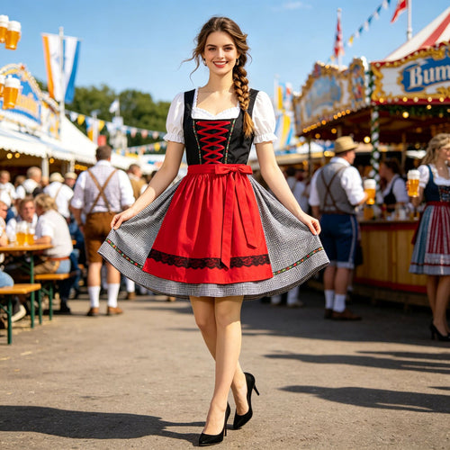 Damen nan kurzes traditionelles Dirndlkleid mit geschnürtem Mieder, Puffärmel-Bluse und aufgesetzter Schürze Drune