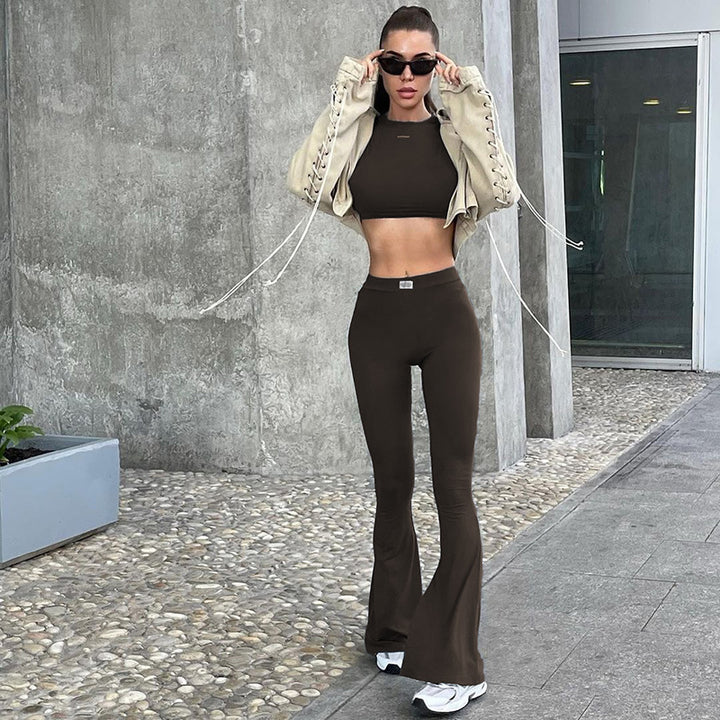 Damen Langarm Cropped Top und Flared Pants Set Drune