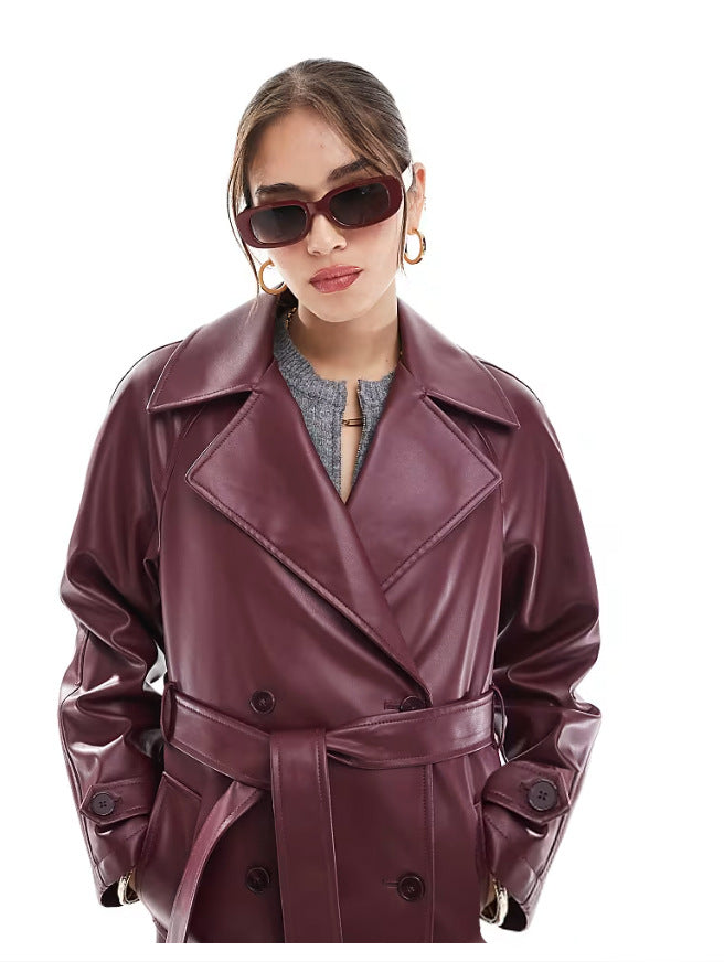 Damen modische Trenchjacke aus veganem Leder Drune