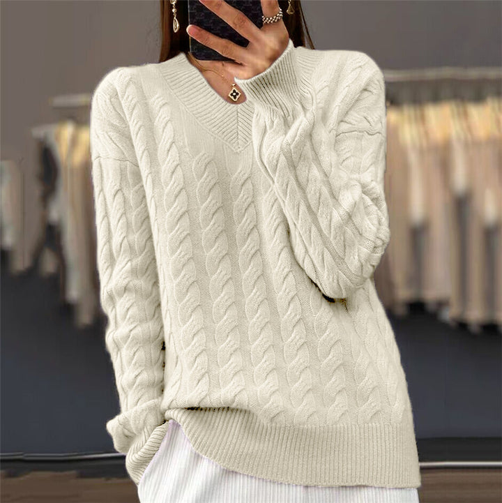 Damen nan weich fallender Zopfmuster-Pullover mit V-Ausschnitt, Oversize-Schnitt und geripptem Saum Drune
