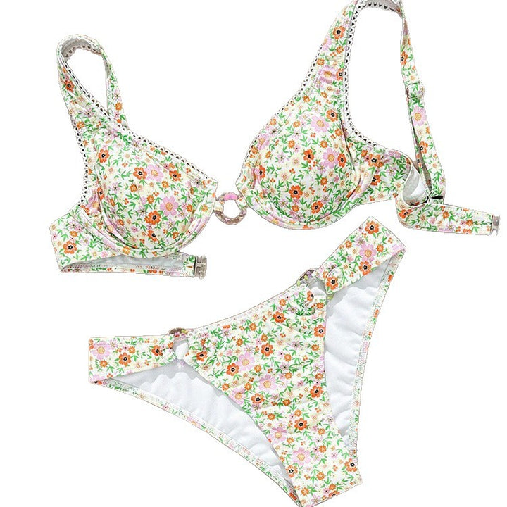 Damen Bikiniset mit elegantem Blütenmuster und verzierenden Ringen Drune