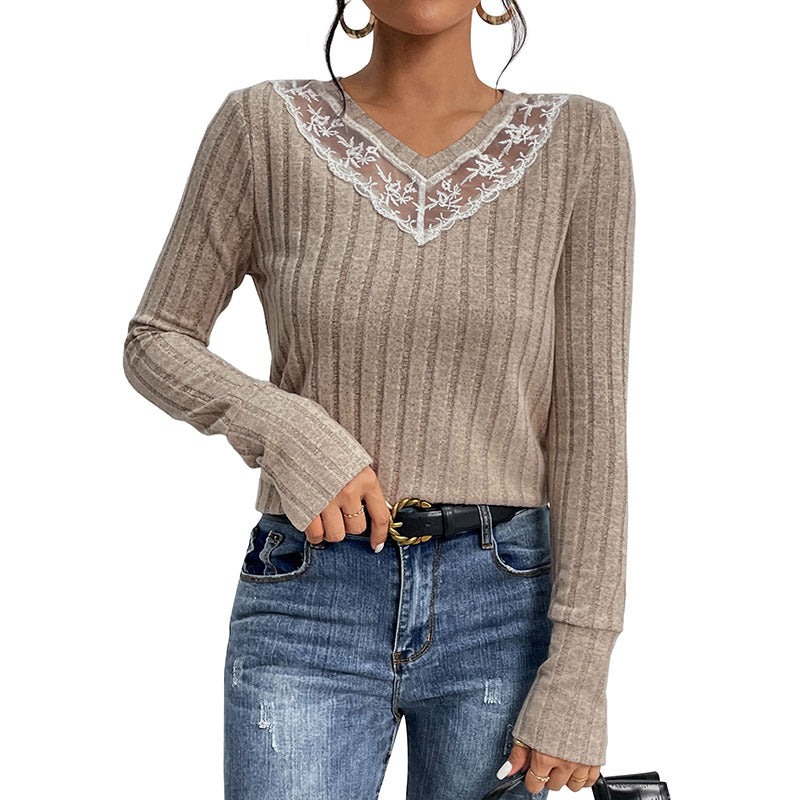 Damen Langarmshirt mit Spitzenakzenten und geripptem Design Drune