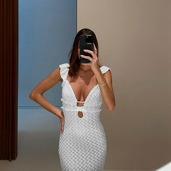 Damen figurbetontes Spitzenkleid mit tiefem V-Ausschnitt und Rüschendetails Drune