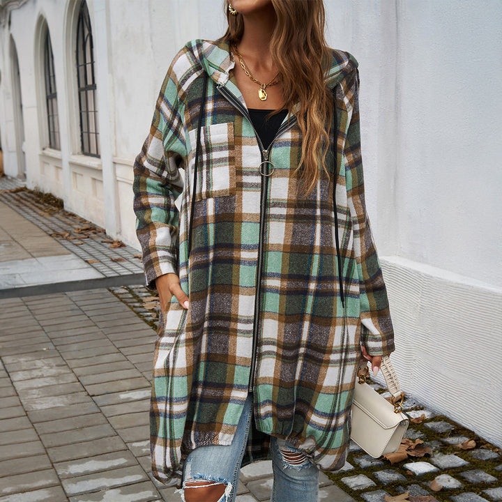 Damen Karierte Longjacke mit Kapuze und Taschen Drune