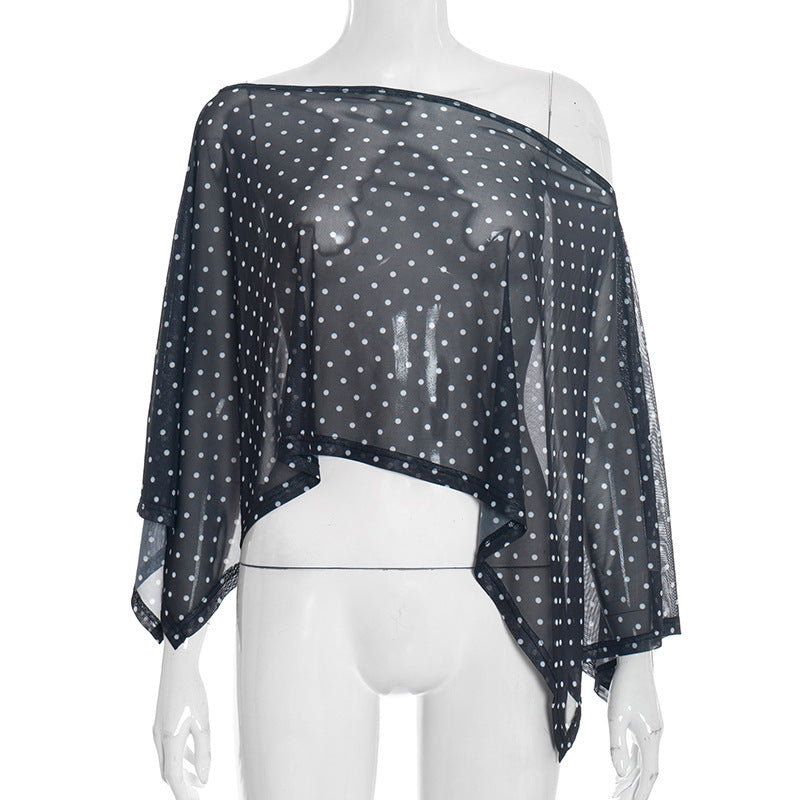 Damen transparentes Oberteil mit asymmetrischem Schnitt und Polka-Dots Drune