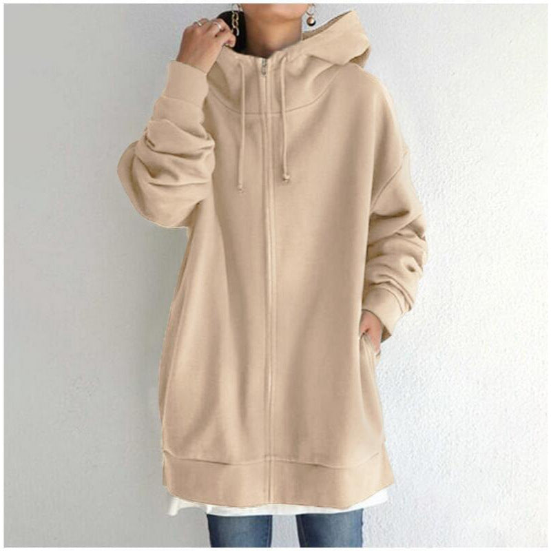 Damen nan oversized Kapuzenlongpullover mit Reißverschluss und Eingrifftaschen Drune
