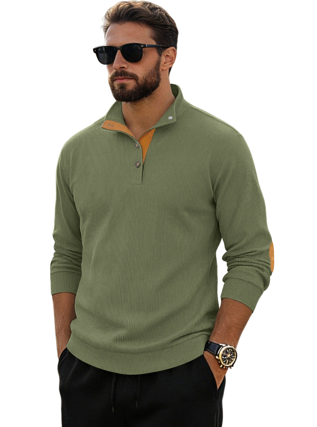 Herren nan fein gerippter Strickpullover mit Polokragen Knopfleiste und Ellenbogenbesatz Drune