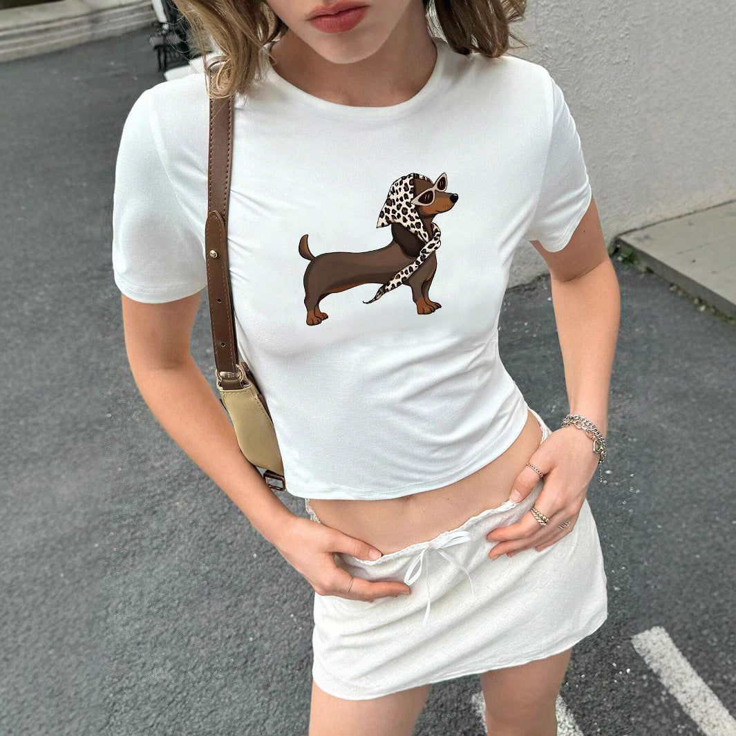 Damen Kurzarm T-Shirt mit künstlerischem Hundemotiv Drune