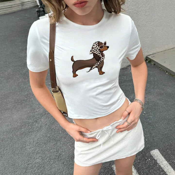 Damen Kurzarm T-Shirt mit künstlerischem Hundemotiv Drune