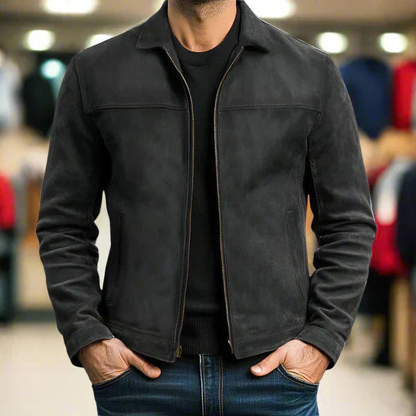 Herren nan schlanke Veloursleder-Jacke mit klassischem Kragen und verdecktem Reißverschluss Drune