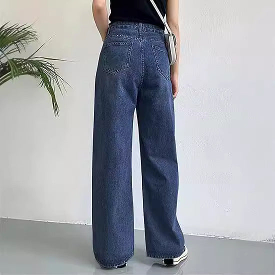 Damen nan hochgeschnittene weite Denim-Hose mit geradem Schlag und klassischem Five-Pocket-Design Drune