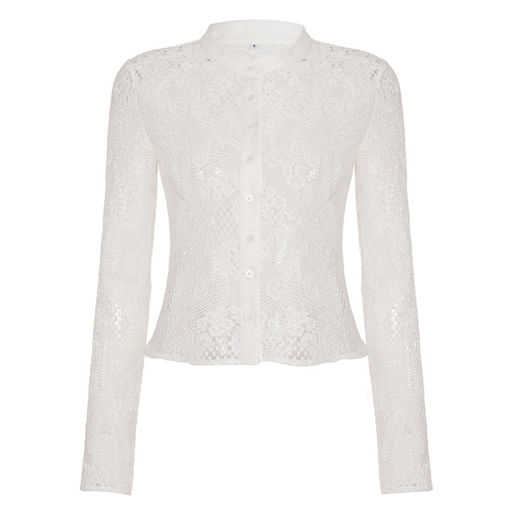 Damen Spitzenbluse mit transparenten Akzenten und eleganter Knopfverschluss Drune