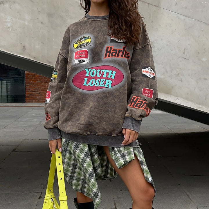 Damen oversized Sweatshirt mit kreativem Grafikdesign und modischen Details Drune