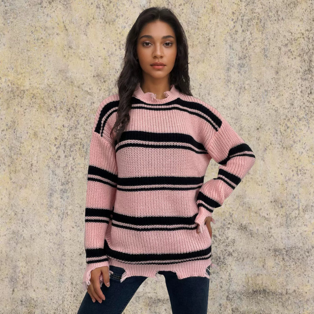 Drune | Pullover Pullover Übergröße Fit Gestrickte Wolle Kontraststreifen Fransen Saum