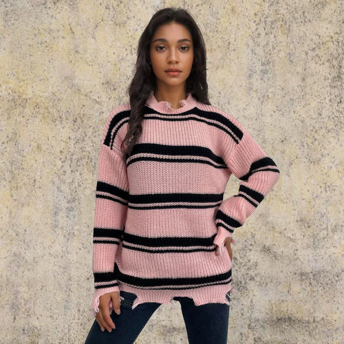Drune | Pullover Pullover Übergröße Fit Gestrickte Wolle Kontraststreifen Fransen Saum