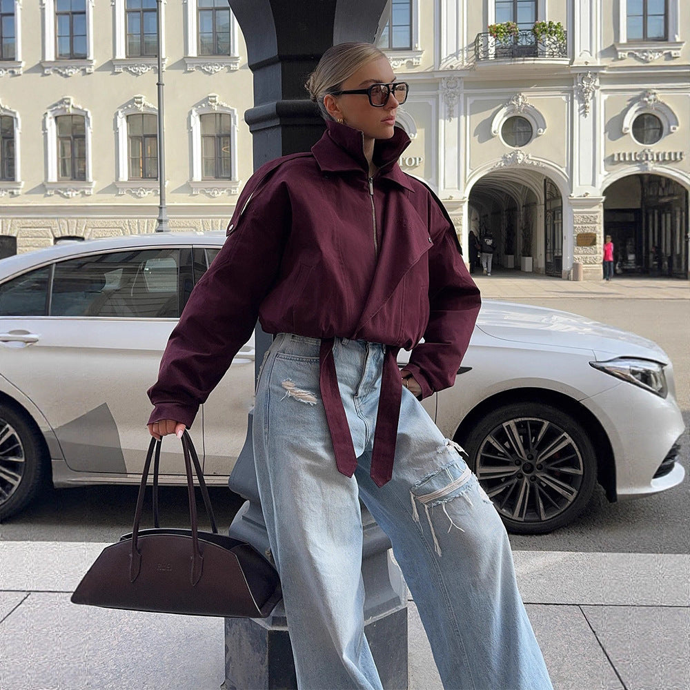 Damen oversized Übergangsjacke mit hohem Kragen und Bindegürtel Drune