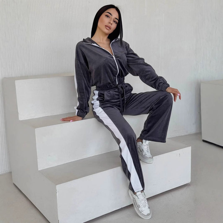 Damen modischer Velours-Jogginganzug mit kontrastierenden Streifen Drune