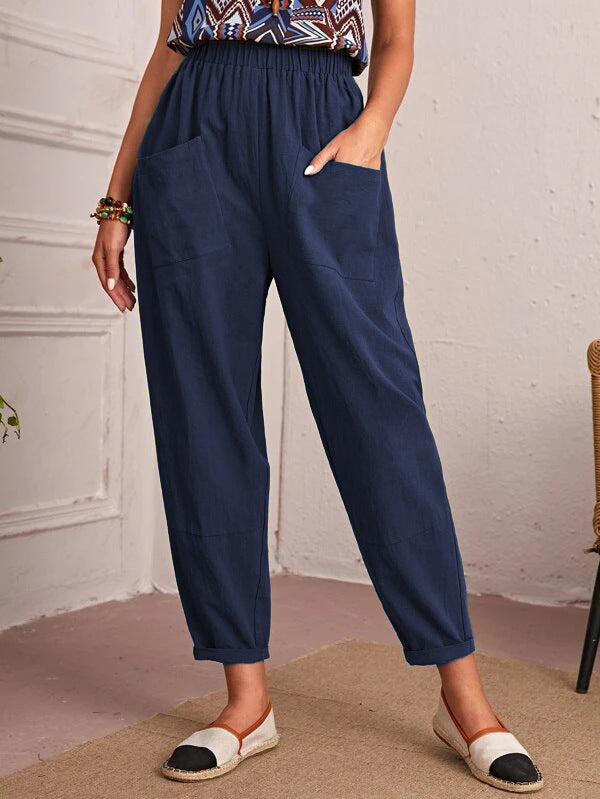 Damen bequeme Freizeithose mit elastischem Bund und großen Taschen Drune