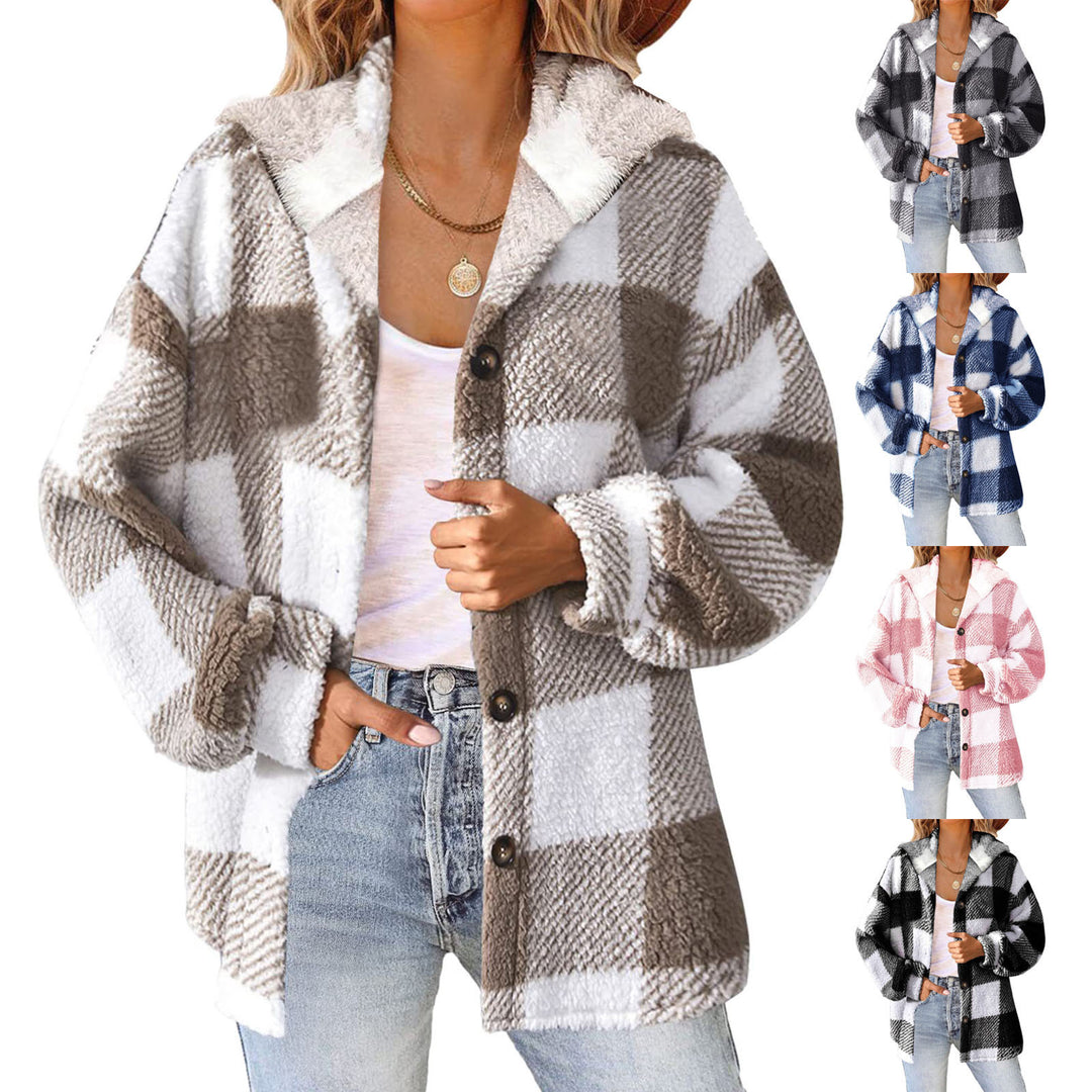 Damen nan kuschelige karierte Teddyjacke mit Kapuze, Knopfverschluss und oversized Schnitt Drune