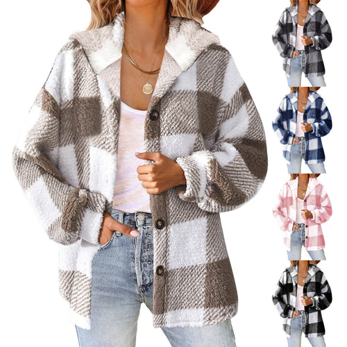 Damen nan kuschelige karierte Teddyjacke mit Kapuze, Knopfverschluss und oversized Schnitt Drune