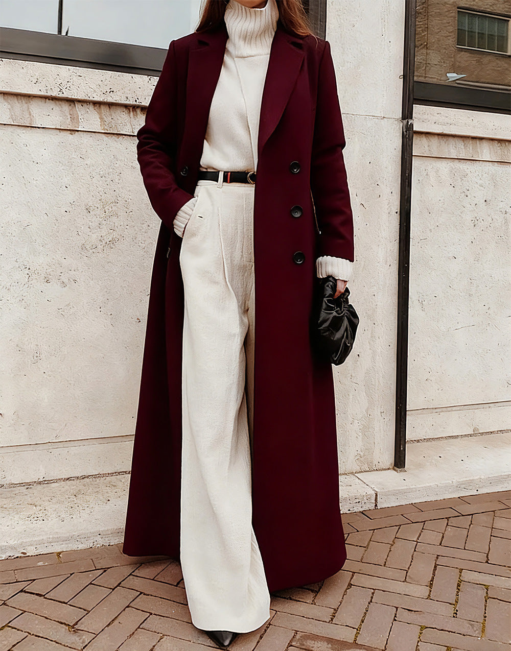 Damen Eleganter Wollmantel mit doppelter Knopfleiste und tiefen Taschen Drune