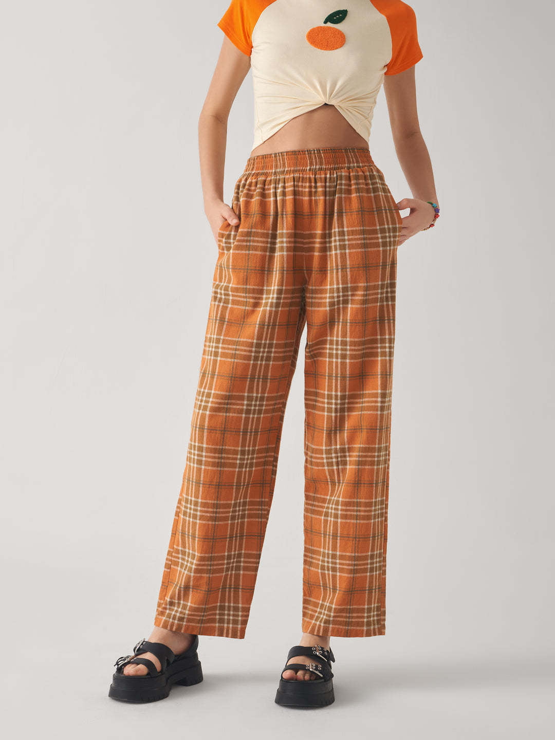 Damen lässige Karottenhose mit elastischem Bund und Karo-Muster Drune