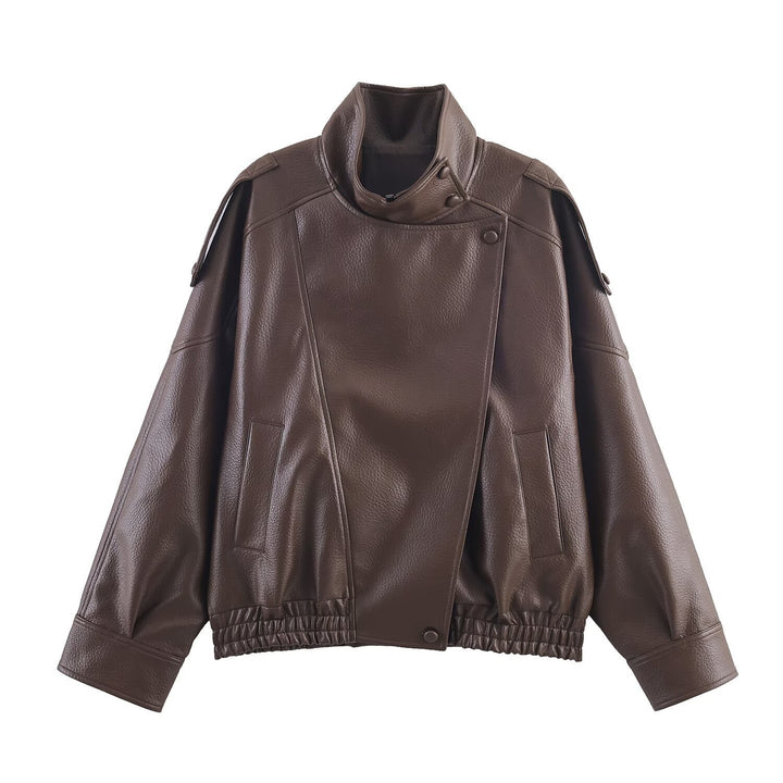 Damen nan oversized Bikerjacke Kunstlederoptik mit hohem Stehkragen, asymmetrischer Druckknopffront, Schulterriegeln und elastischem Saum Drune