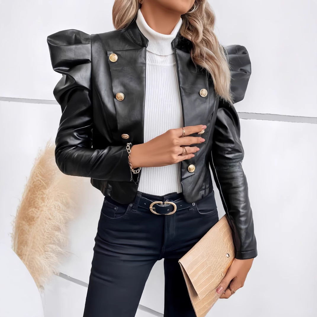 Damen Modische Kunstlederjacke mit puffärmeligen Details und goldenen Knöpfen Drune