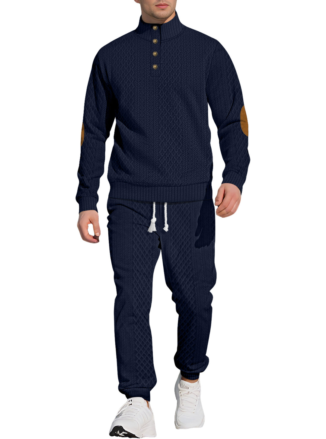 Herren nan strukturiertes Strick-Freizeitset mit Halbknopf-Stehkragen Wildleder-Ellbogenpatches und Kordelbund-Jogger Drune