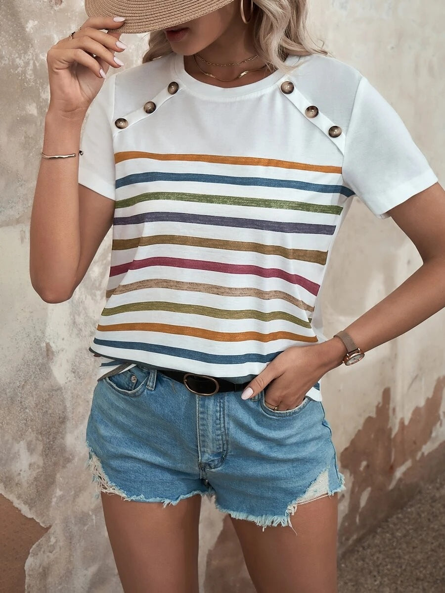 Damen gestreiftes T-Shirt mit modischen Knopfdetails und Rundhalsausschnitt Drune