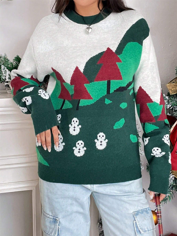 Damen Weihnachtspullover mit festlichem Schneemotiv und hohem Kragen Drune