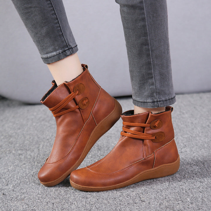Damen nan gefütterte knöchelhohe Winterstiefelette mit elastischem Zierriemen, dekorativen Knopfdetails und rutschfester Leichtsohle Drune