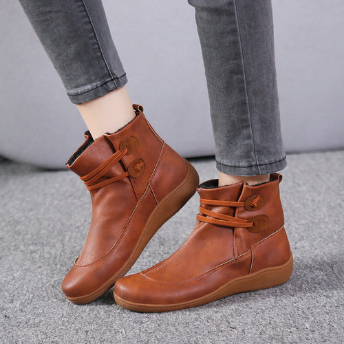 Damen nan gefütterte knöchelhohe Winterstiefelette mit elastischem Zierriemen, dekorativen Knopfdetails und rutschfester Leichtsohle Drune