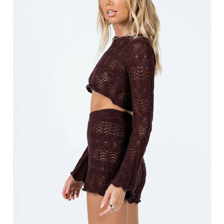Damen elegantes Strick-Crop-Top und Shorts Set Drune