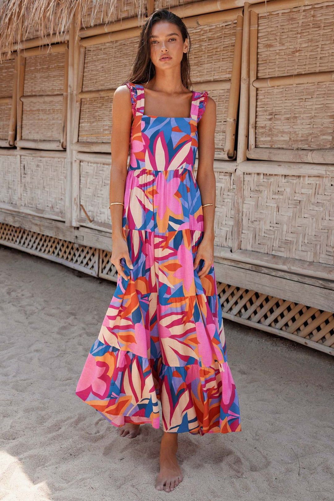Damen Maxikleid mit voluminösem Rock und zarten Rüschendetails Drune