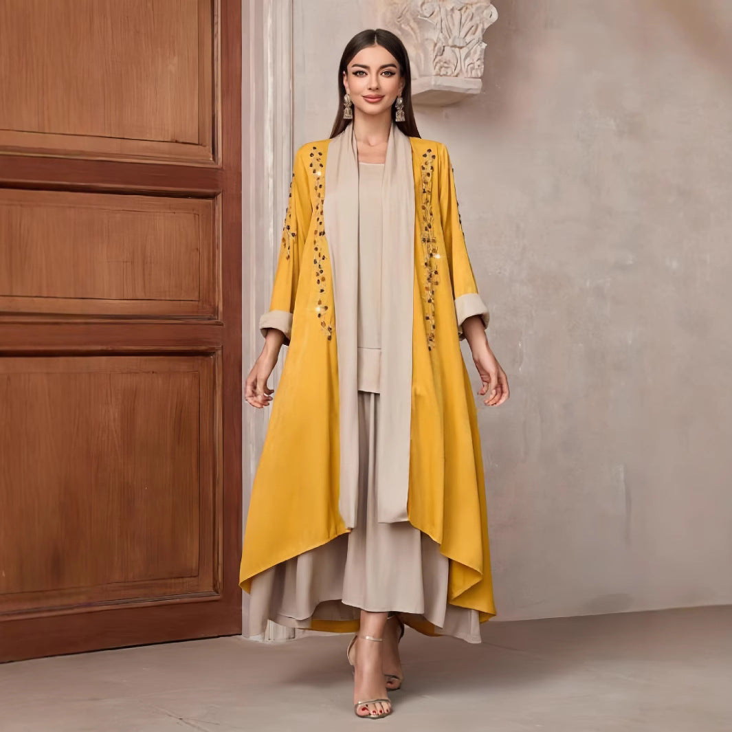 Damen Langarm-Kimono mit dekorativen Applikationen und asymmetrischem Saum Drune