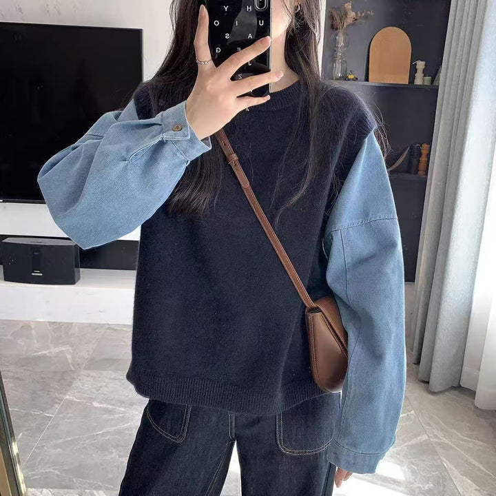 Damen Strickpullover mit Denim-Ärmeln Drune