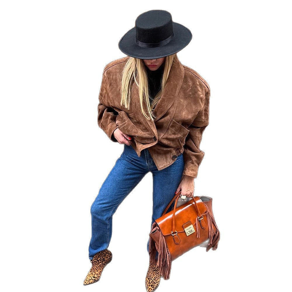 Damen Oversize Wildlederjacke mit modernem Schnitt und praktischen Taschen Drune