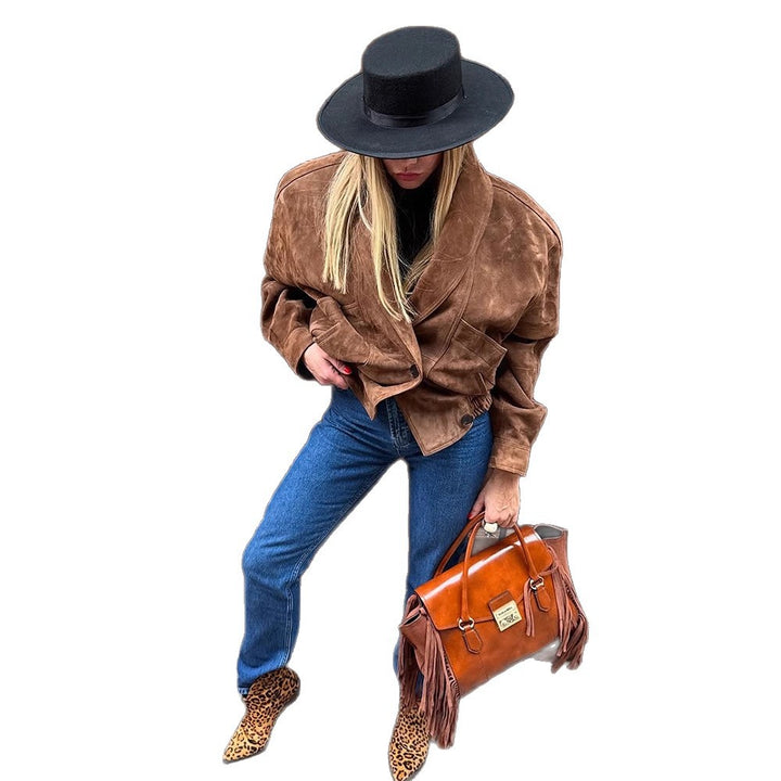 Damen Oversize Wildlederjacke mit modernem Schnitt und praktischen Taschen Drune