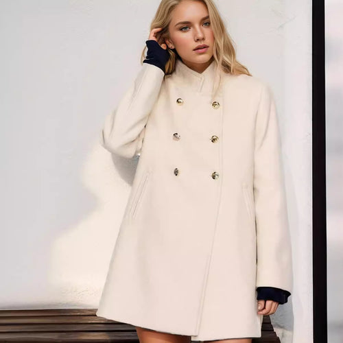 Damen modischer kurzer Mantel mit doppelter Knopfreihe und eleganter Stehkragen Drune