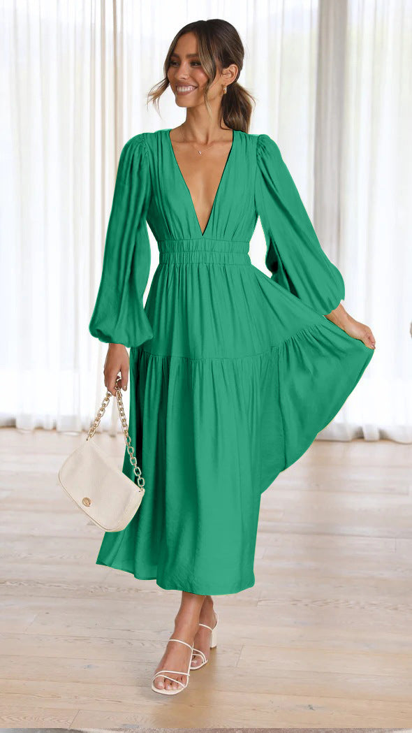 Damen Langarm Maxikleid mit tiefem V-Ausschnitt und weitem Rock Drune