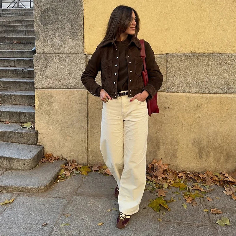 Damen Modische Wildlederjacke mit praktischen Taschen Drune