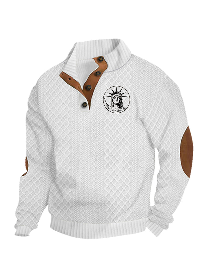 Herren nan Heritage-Strukturpullover mit Stehkragen Lederimitat-Besatz Ellenbogen-Patches und Halbknopfleiste Drune