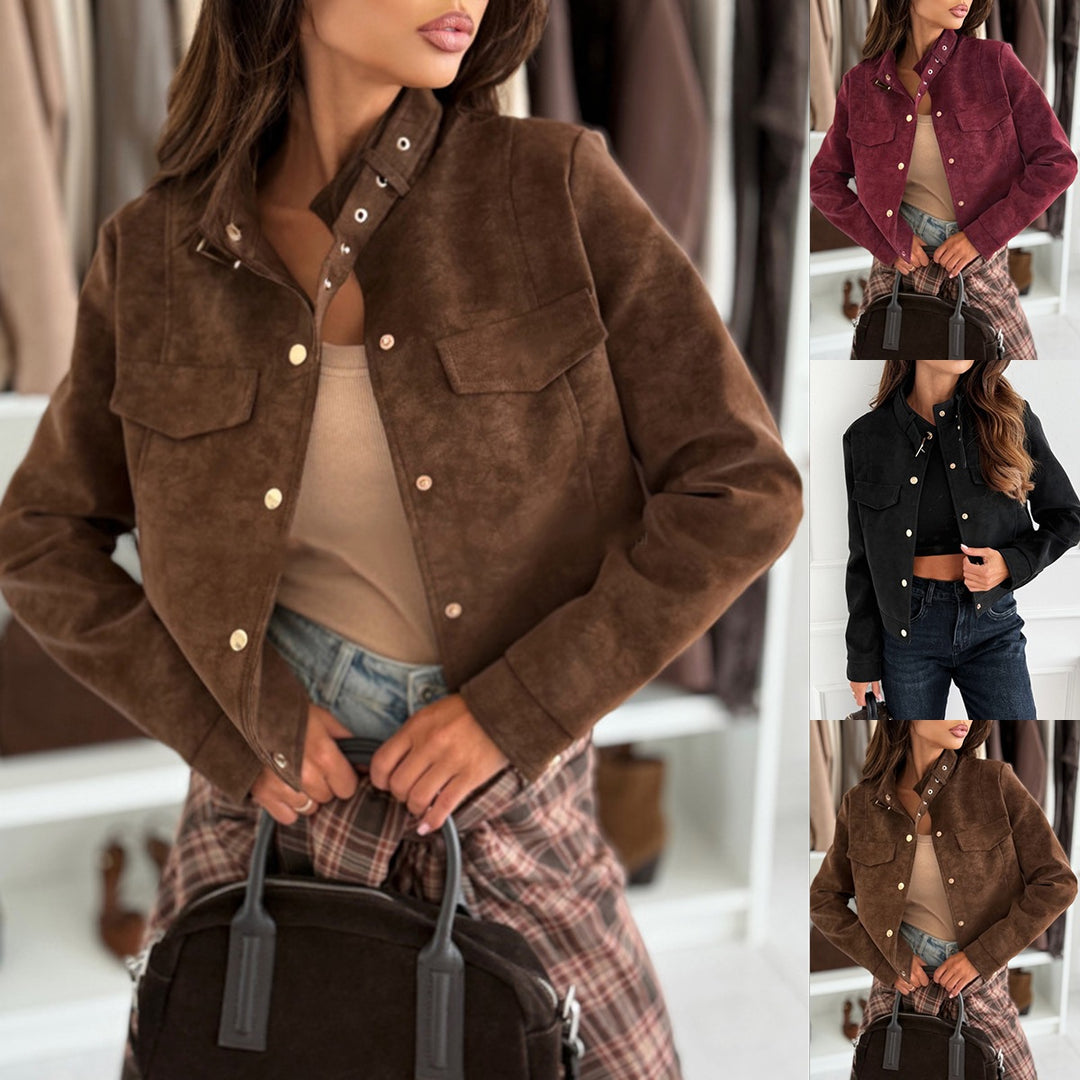 Damen elegante Jacke aus weichem Wildleder mit Knopfdetails Drune